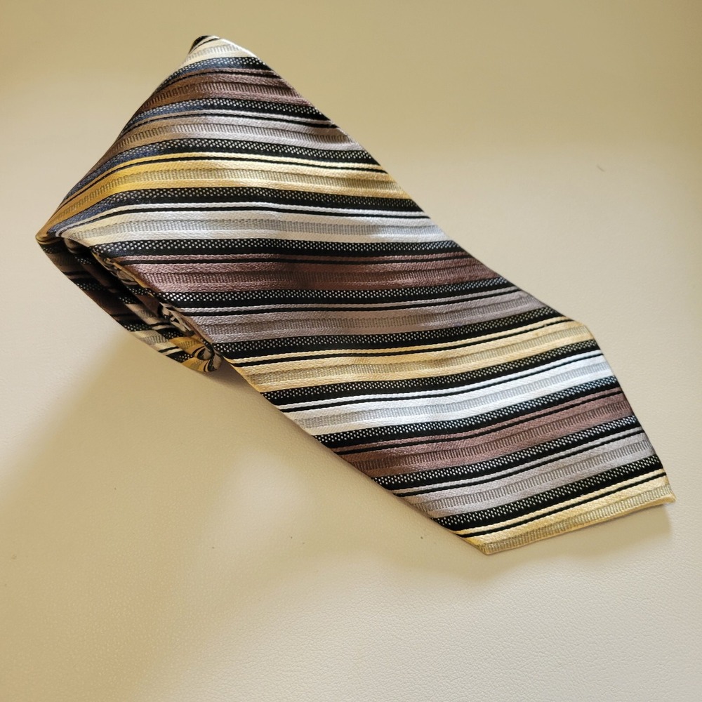Villini 100% Brown Striped Silk‎ Hand Made  60" Neck Tie New With Tags NWT